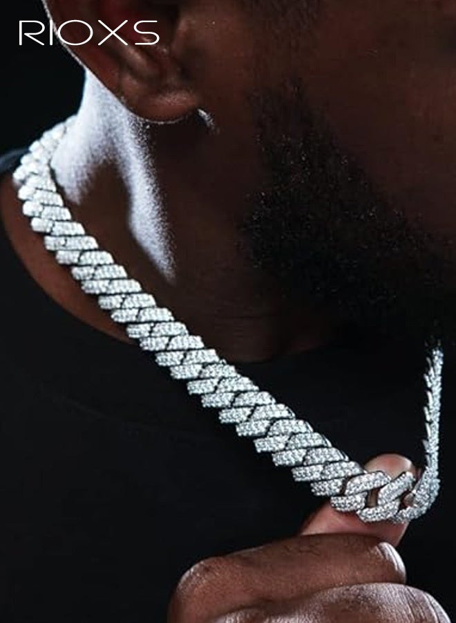RIOXS Unisex Hip-Hop Cuban Chain Necklace, 14mm-wide Diamond-Cut Geometric Rhinestone Design, Alloy Material with Diamond-Studded Pendant, Streetwear Fashion Piece, Sliver - Image 4